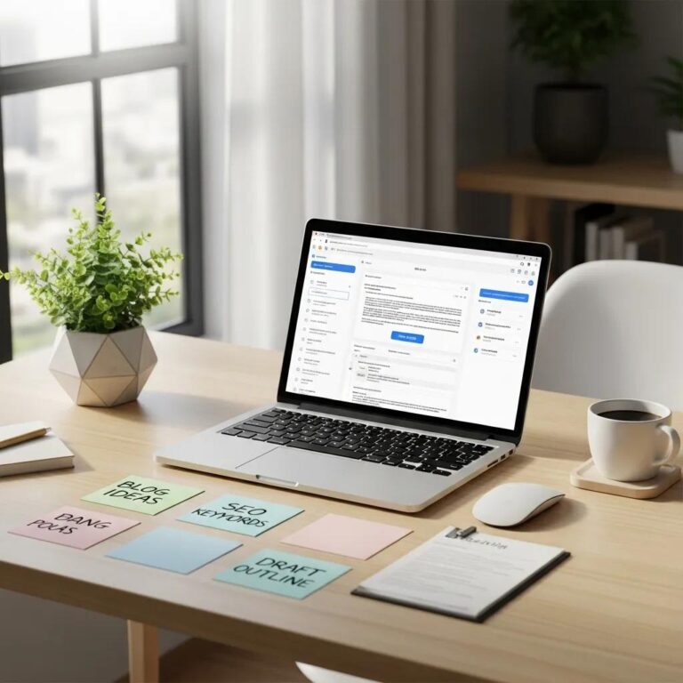 Modern workspace with laptop and content generation tools, enhancing digital marketing strategies