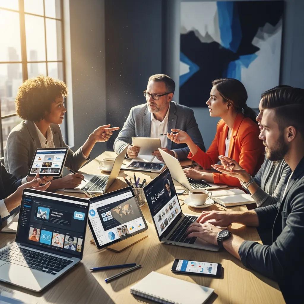 Professionals collaborating on AI content creation, highlighting teamwork in digital marketing