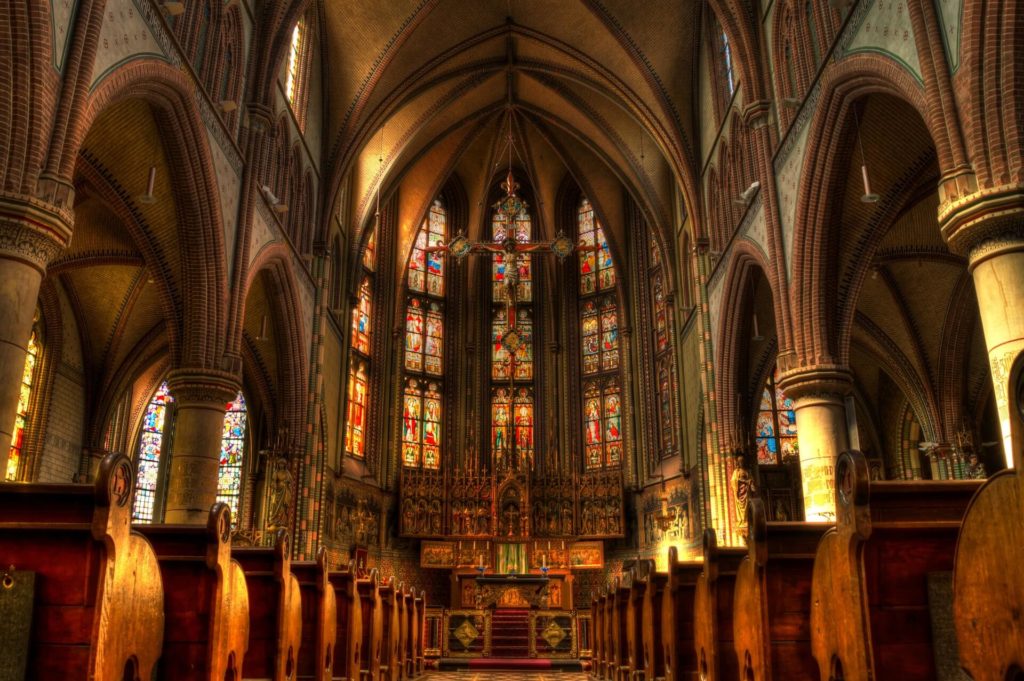 a large church with many candles