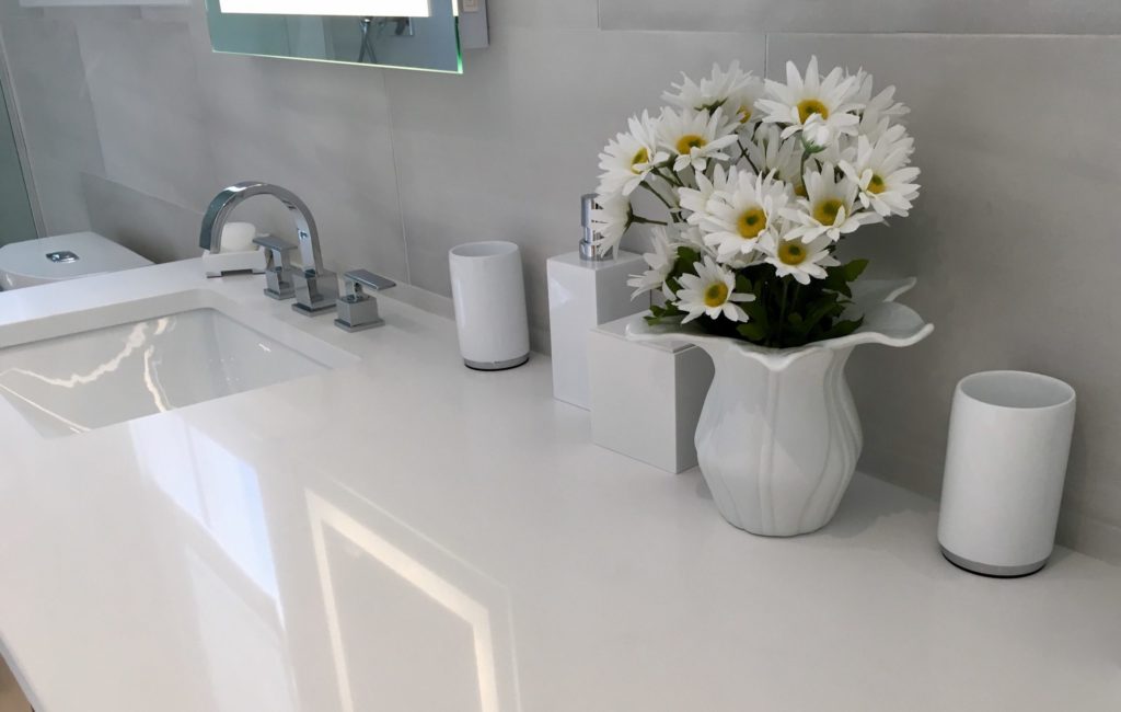 Minimalist interior design in white color, counter, new materials, daisies