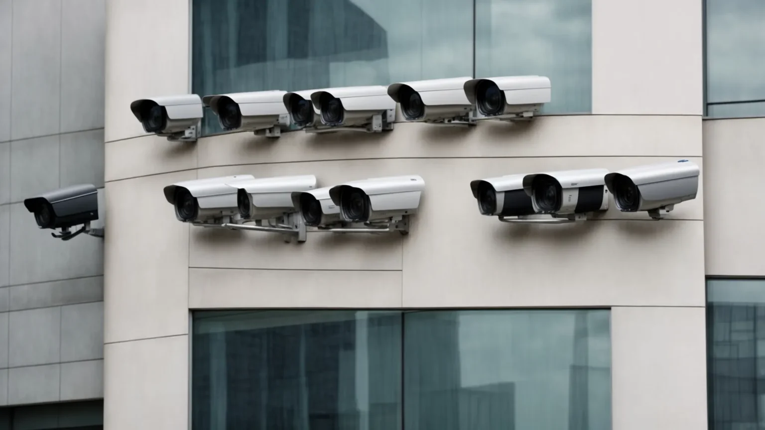 a row of sleek, modern ip cameras mounted high on the exterior wall of a corporate building, monitoring the surroundings.