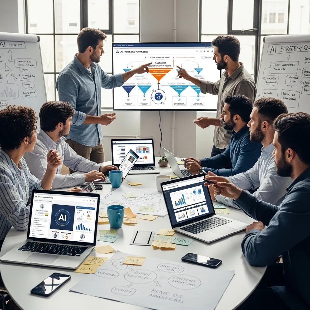 Marketing team collaborating on AI content marketing strategies in a vibrant office setting, showcasing teamwork and innovation