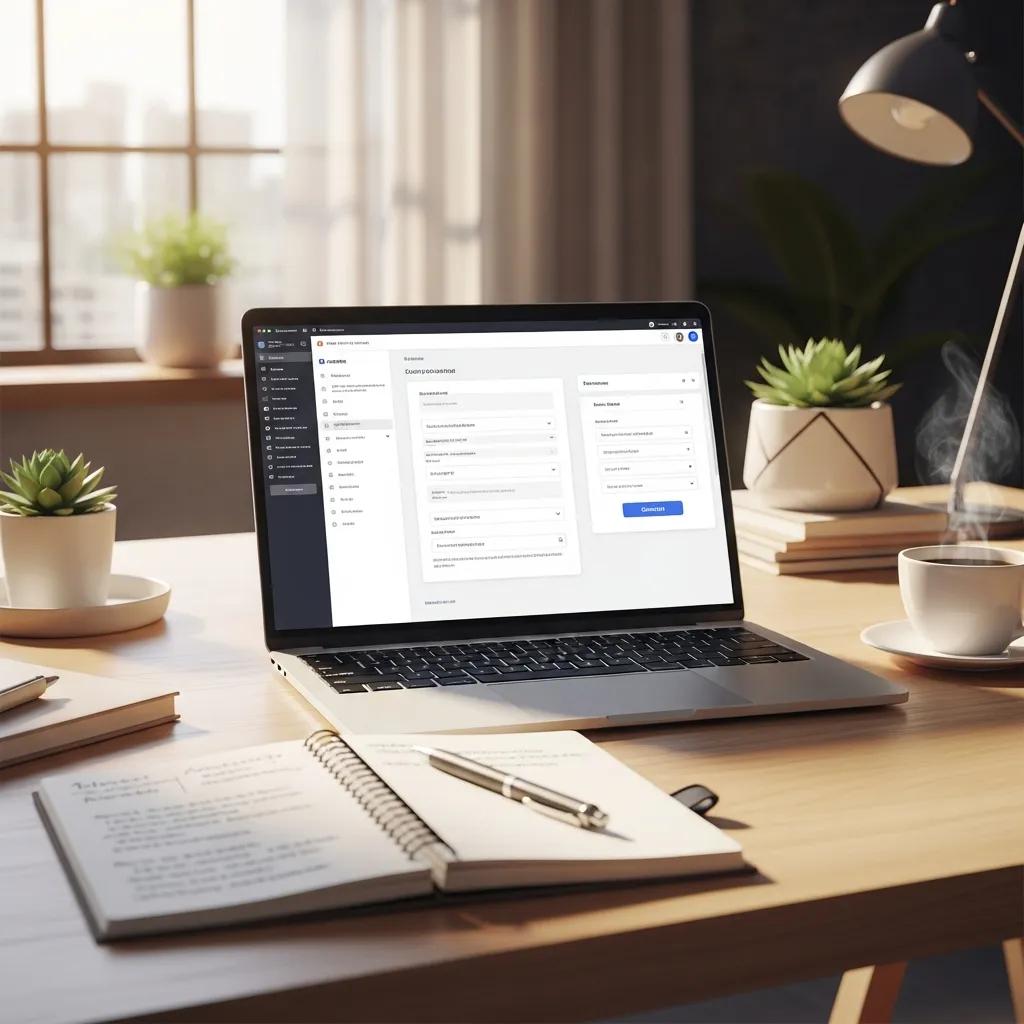 Modern workspace with laptop showcasing AI content generation tools, enhancing productivity and creativity