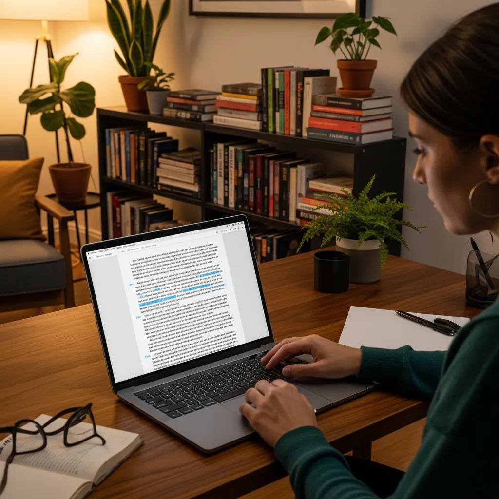 Person using AI writing assistant on laptop in a cozy office, highlighting the integration of technology in writing