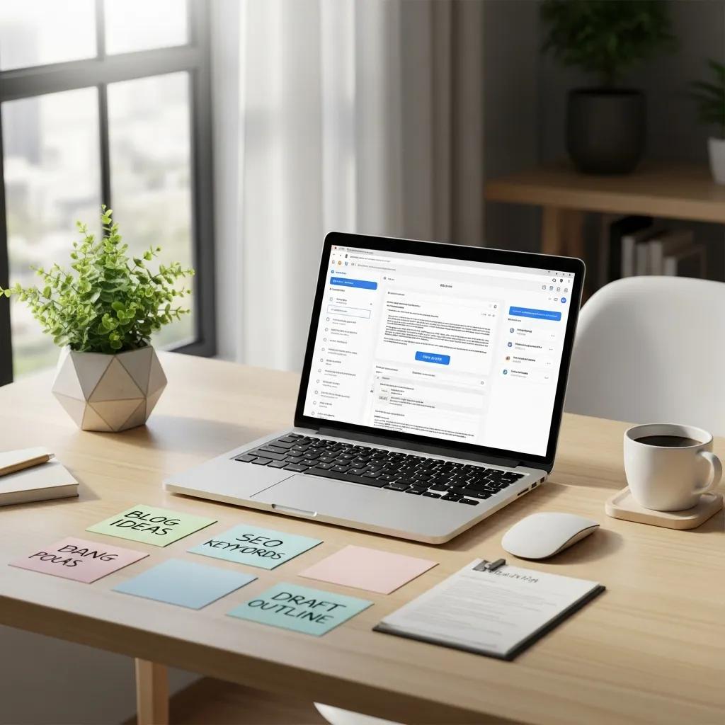 Modern workspace with laptop and content generation tools, enhancing digital marketing strategies