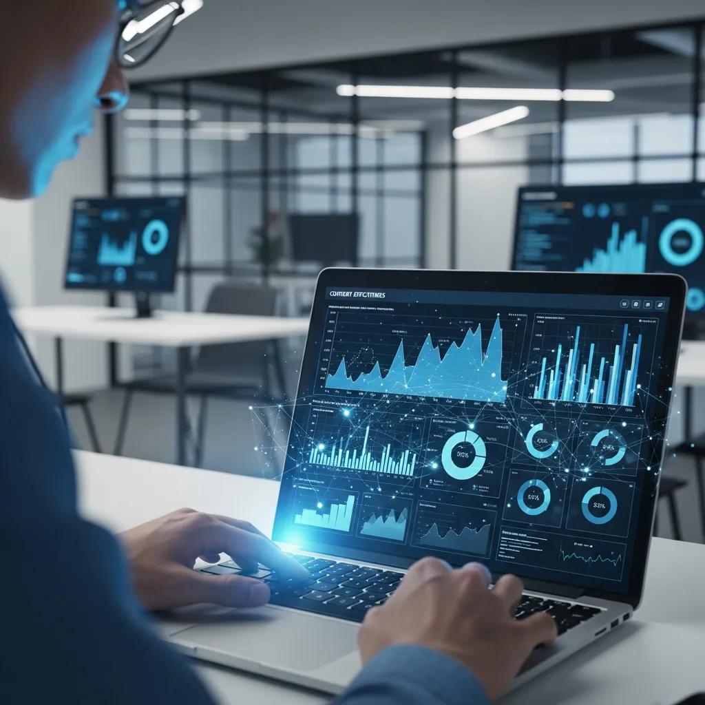 Person analyzing data metrics on a laptop, focusing on ROI from AI content tools