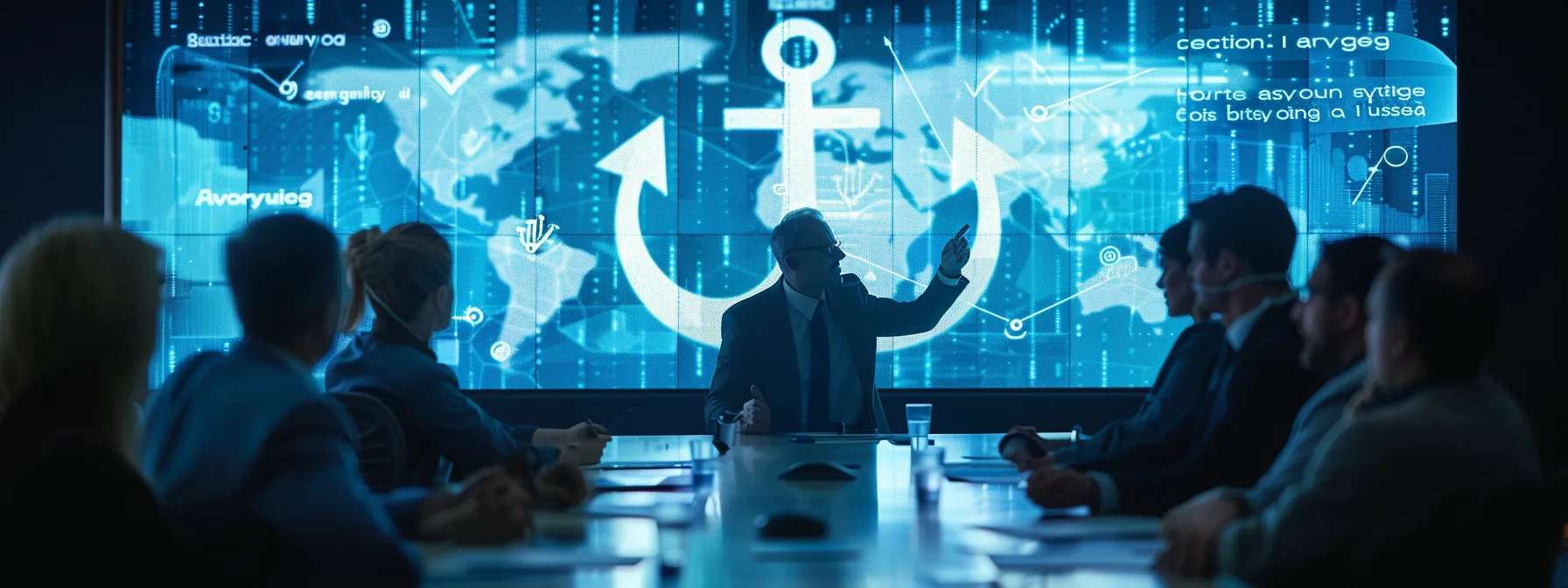 a group of professionals around a conference table, pointing to a large anchor symbol on a presentation screen showing various social media and marketing platforms.