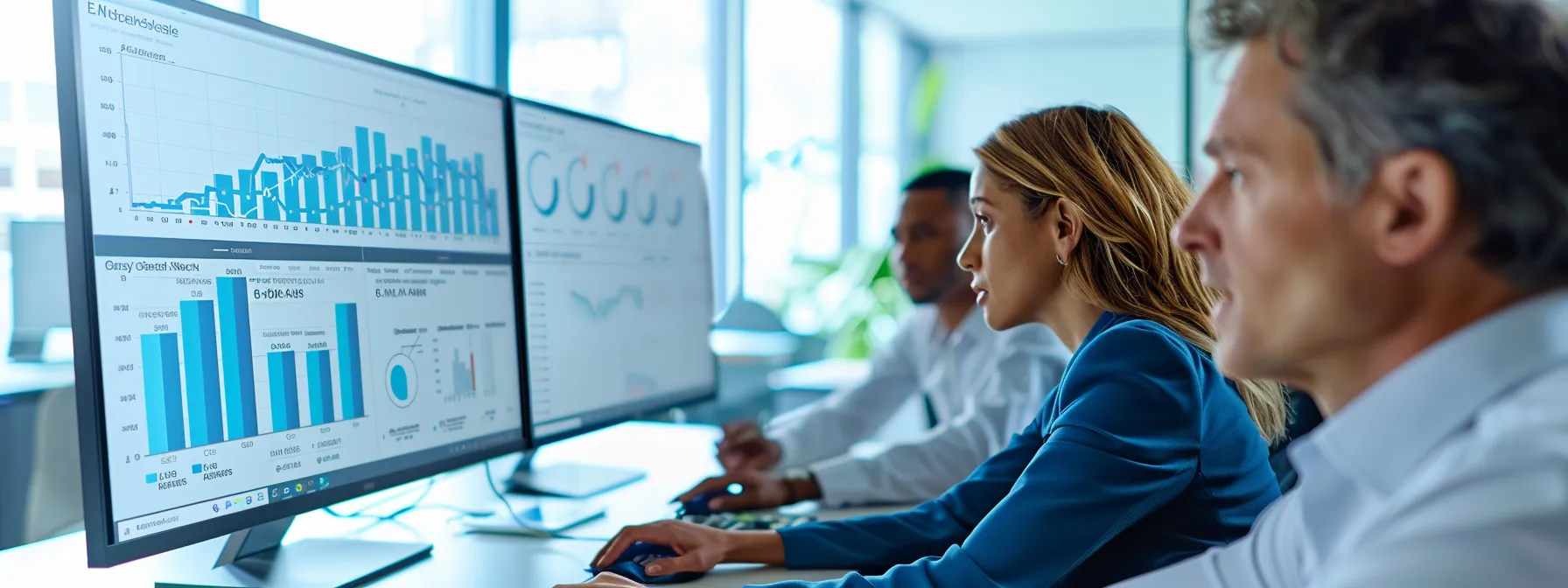 a professional business team working together at a computer while surrounded by charts and graphs showcasing the effectiveness of their customer reference management software.